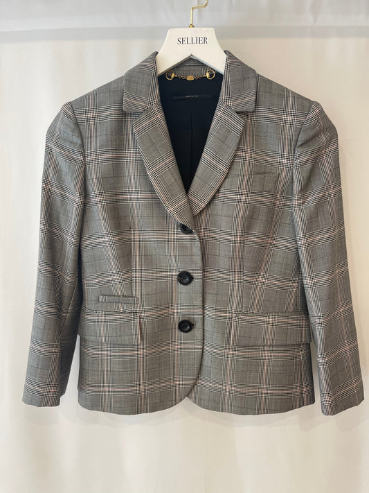 Luxury Gucci Grey Wool Checked Blazer Jacket with Logo Buttons Size IT 38 (UK 6)