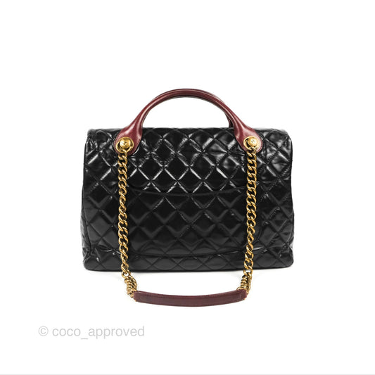 Chanel Large Castle Rock Flap Bag Black Glazed Aged Calfskin Burgundy Handle