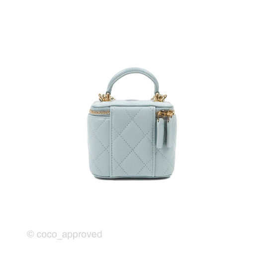 Chanel Mini Top Handle Vanity With Chain Light Blue Lambskin Gold Hardware