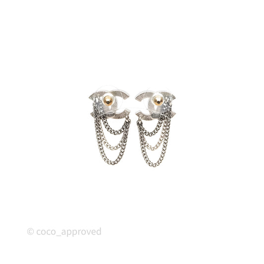 Chanel CC Crystals Chains Drop Earrings Silver Tone 21B