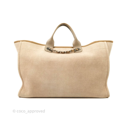 Chanel Large Deauville Beige Canvas Silver Hardware