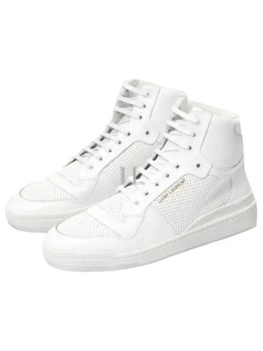 Luxury Saint Laurent Men's SL24 Used-Look Perforated Leather Mid Top Sneakers White