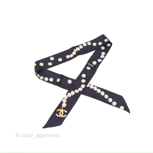 Chanel CC Pearl Print Silk Twilly Black
