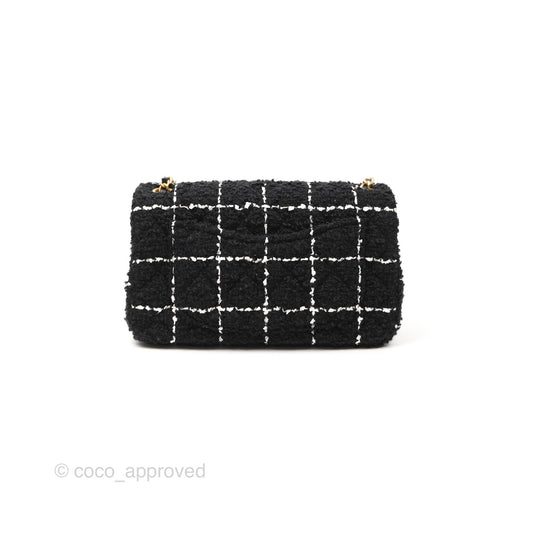 Chanel Mini Rectangular Pearl Crush Tweed Black White Grid Aged Gold Hardware