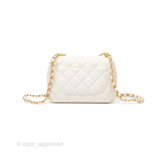 Chanel Pearl Chain Mini Flap Bag White Lambskin Aged Gold Hardware 24P
