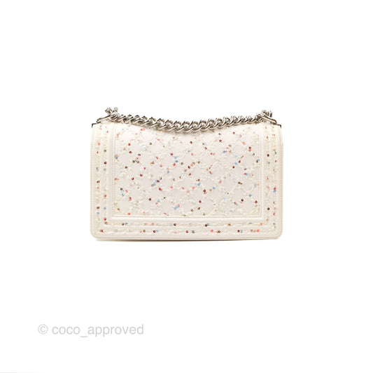 Chanel Medium Boy Sequins Quilted White Lambskin Silver Hardware