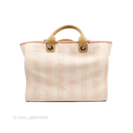 Chanel Large Deauville Pink Stripe Canvas Beige Handle Gold Hardware