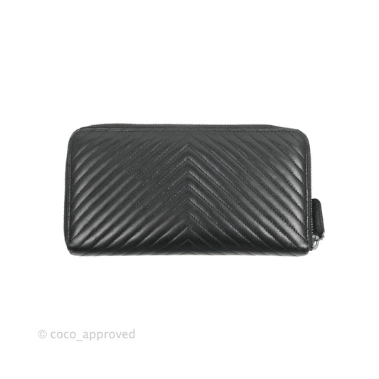 Chanel Chevron Zipped Around Long Wallet All Black Lambskin