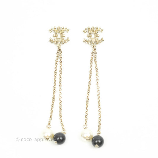 Chanel Crystal CC Pearl Chain Long Drop Earrings Gold Tone 19P