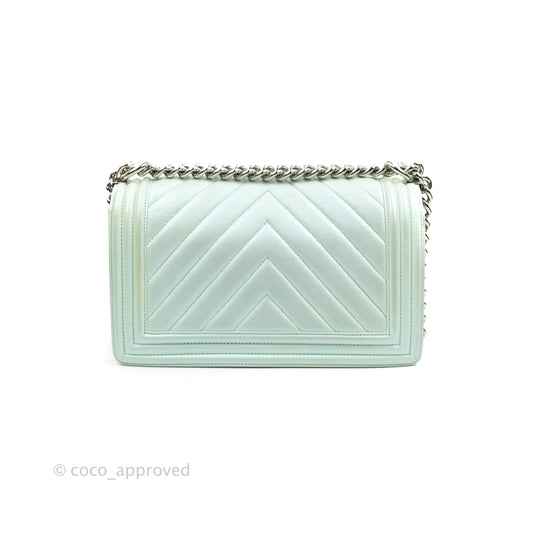 Chanel Medium Chevron Boy Iridescent Light Mint Calfskin Silver Hardware