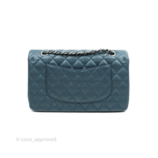Chanel Classic M/L Medium Double Flap Pearly Blue Caviar Silver Hardware