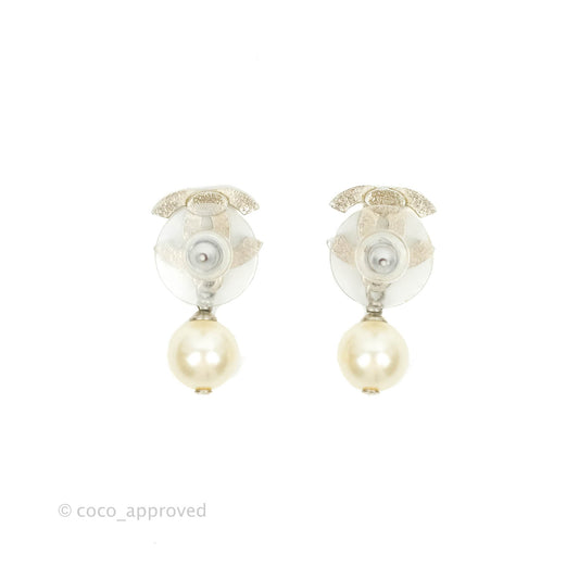 Chanel CC Pearl Drop Earrings Silver Tone 12W