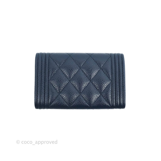 Chanel Quilted Boy Flap Card Holder Navy Caviar Gold Hardware