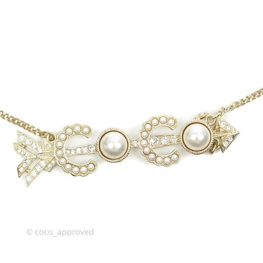 Chanel Coco Arrow Pearl Crystal Necklace Gold Tone 20S