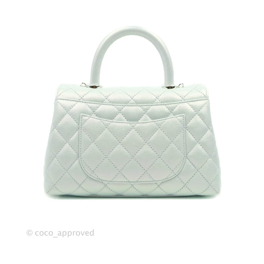 Chanel Mini (Small) Quilted Coco Handle Iridescent Light Blue Caviar Rainbow Hardware