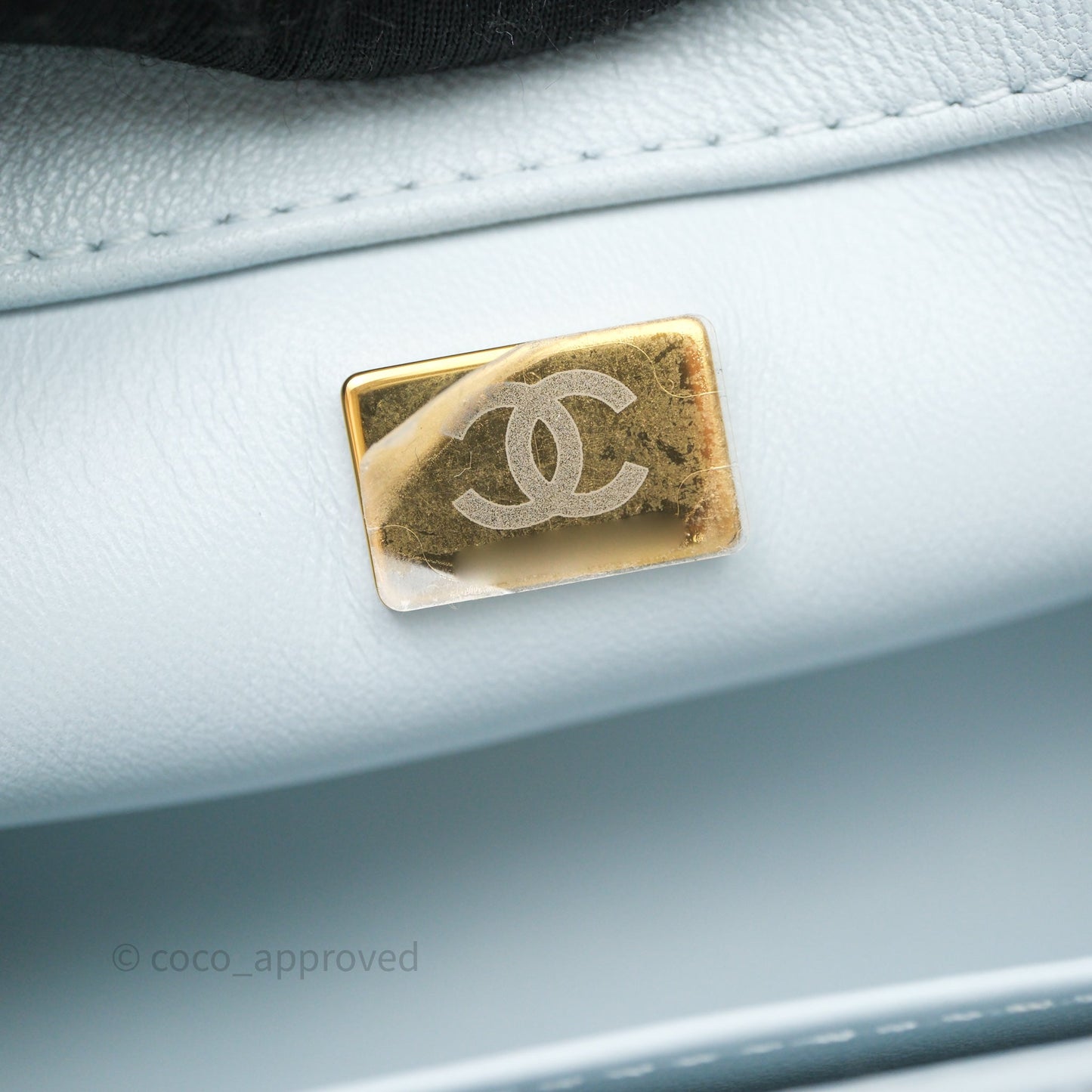Chanel Pearl Crush Mini Rectangular Light Blue Lambskin Aged Gold Hardware
