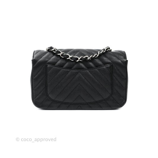 Chanel Mini Rectangular Chevron Caviar Black Silver Hardware