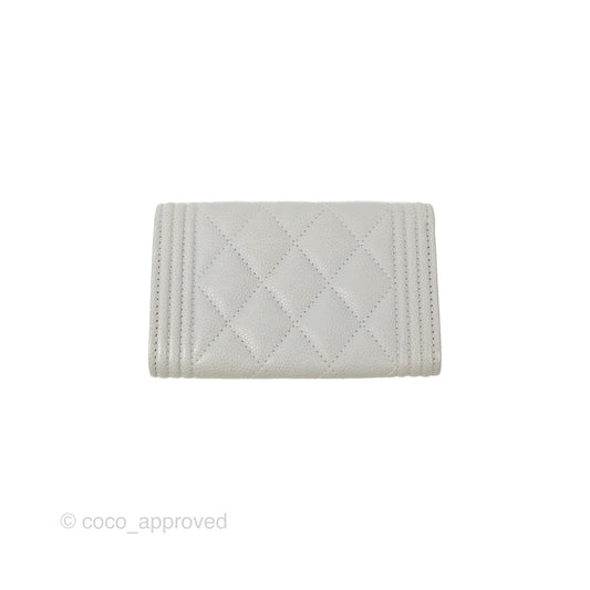 Chanel Boy Quilted Flap Card Holder Grey Caviar Aged Gold Hardware