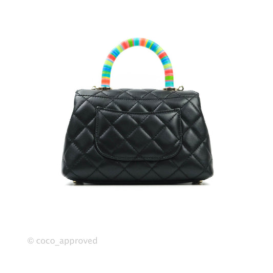 Chanel Quilted Extra Mini Rainbow Coco Handle Bag Lambskin Black Gold Hardware