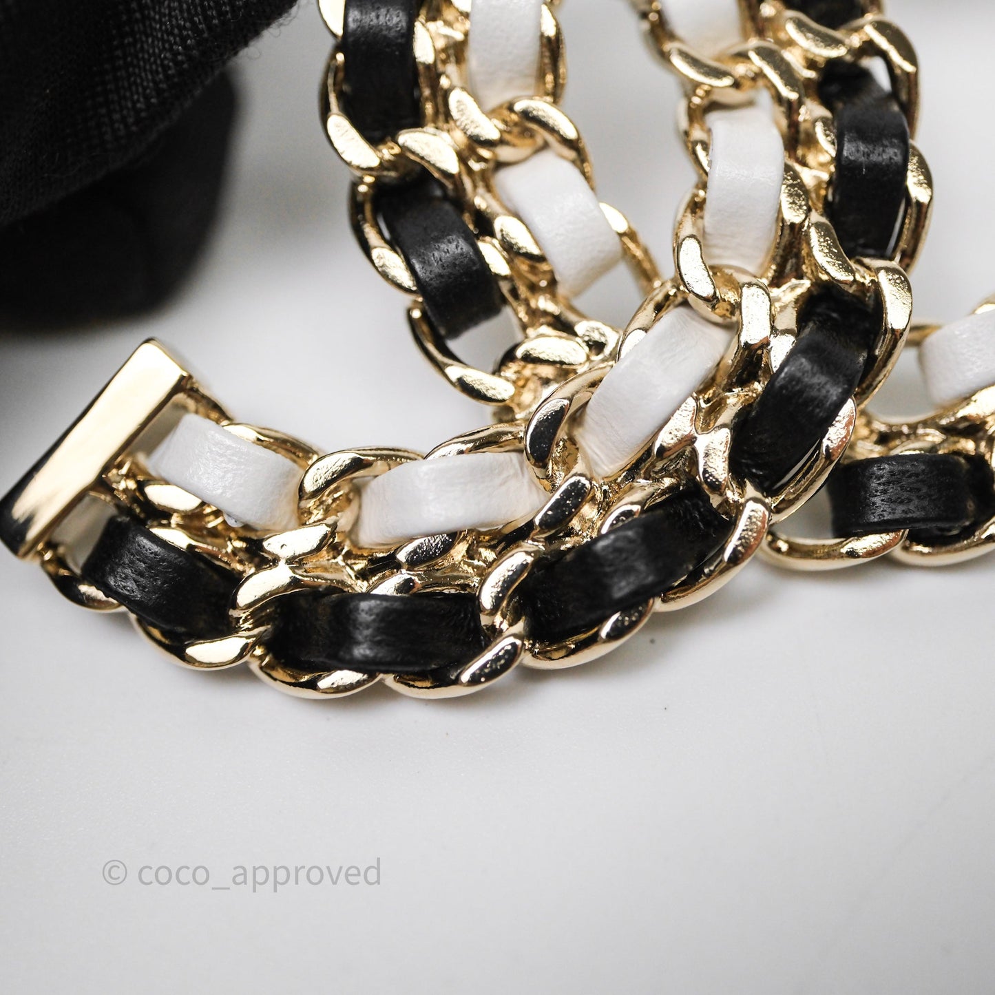 Chanel CC Braided Leather Black & White Brooch Gold Tone 22A