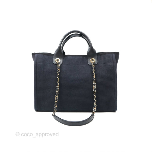 Chanel New Small Deauville Tote Dark Navy Cotton Raffia Logo