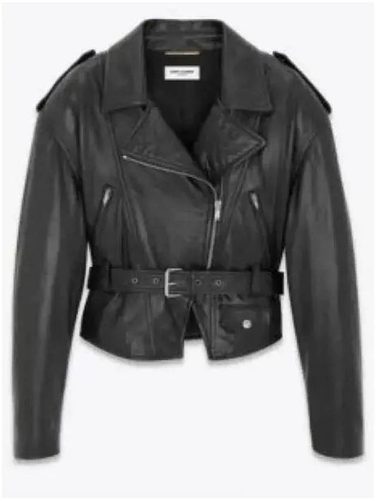 Luxury Saint Laurent Crop Lambskin Biker Jacket Black
