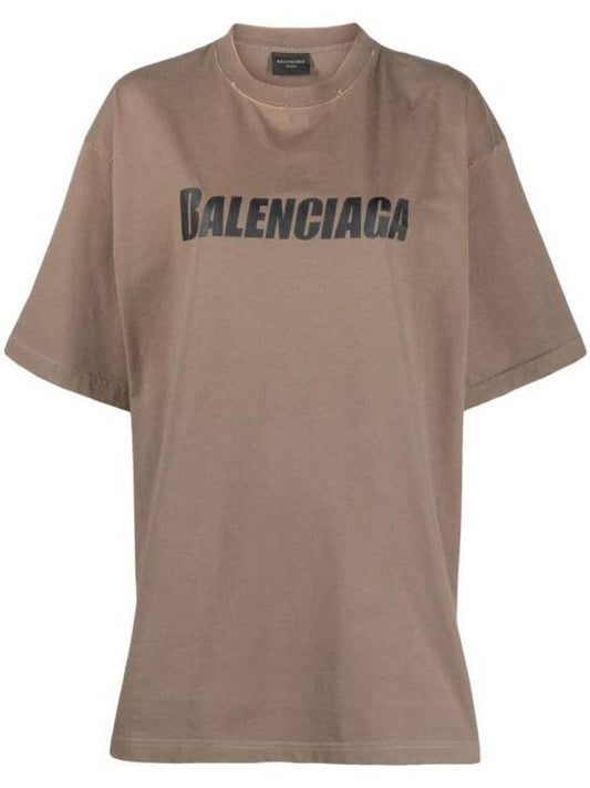 Luxury Balenciaga Logo Print Short Sleeve T-Shirt Taupe
