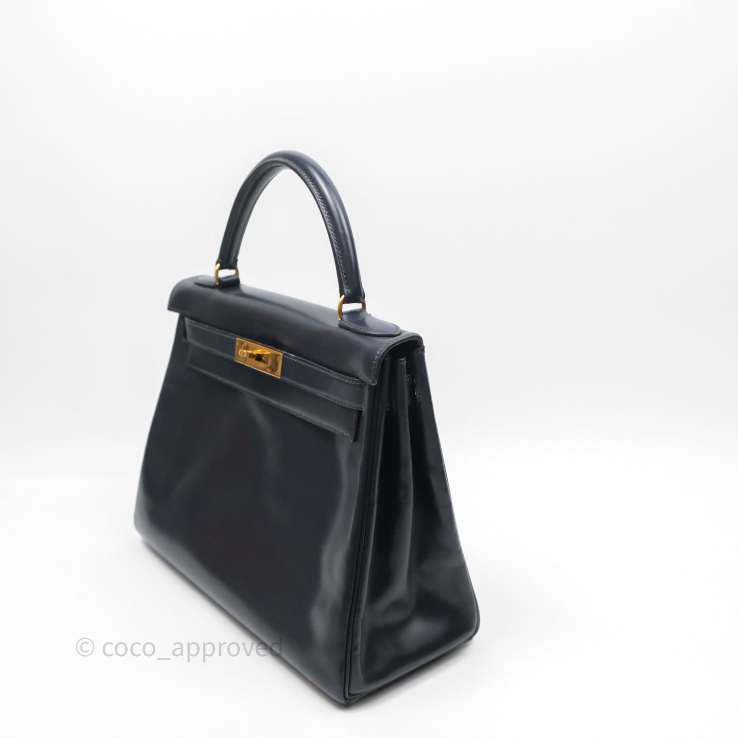 Hermès Vintage Kelly 28 Retourn Navy Box Leather Gold Hardware