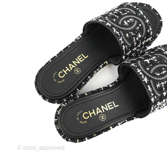 Chanel CC Sandals Black Tweed Size 35