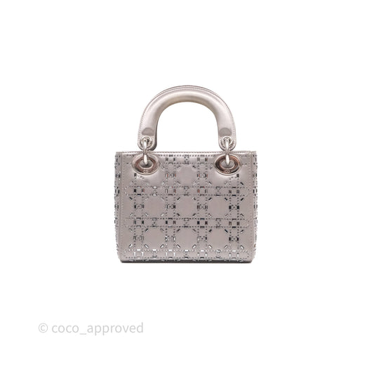 Christian Dior Mini Lady Dior Bag Grey Strass Cannage Satin Silver Hardware