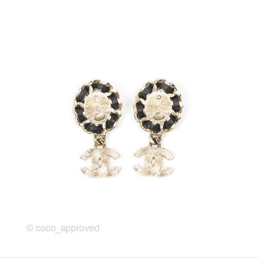 Chanel Oval Pearl Braided Black Leather Drop Crystal CC Earrings Gold Tone 21B