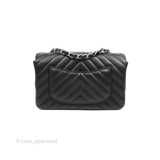 Chanel Chevron Mini Rectangular Flap Black Lambskin Silver Hardware
