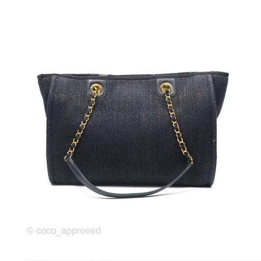 Chanel Medium Deauville Tote Navy Glitter Canvas Gold Hardware