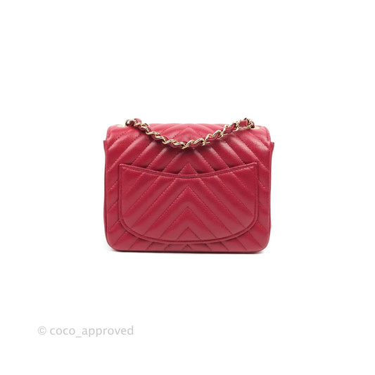 Chanel Mini Square Chevron Rosy Red Caviar Gold Hardware 18B