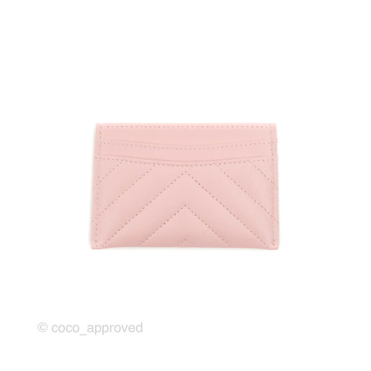 Chanel Chevron Classic Flat Card Holder Pink Lambskin Silver Hardware