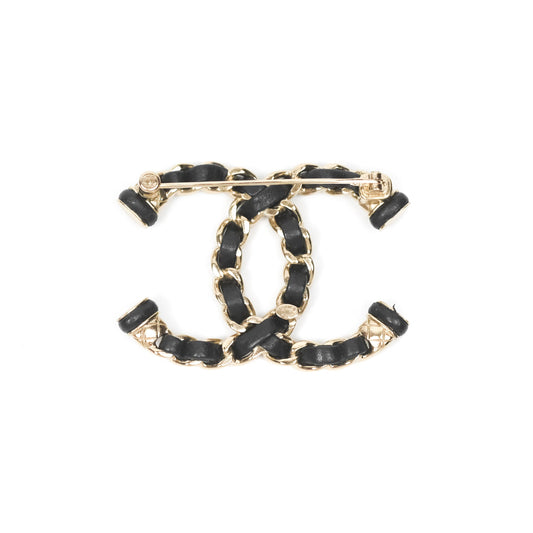 Chanel CC Black Lambskin Brooch in Gold Tone 21S