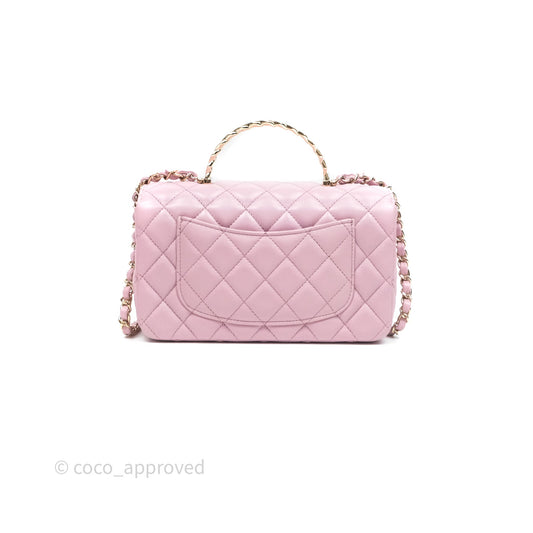 Chanel Logo Top Handle Mini Rectangular Flap Bag Pink Lambskin Gold Hardware