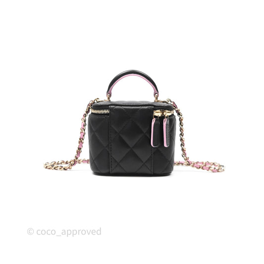Chanel Mini Top Handle Vanity With Chain Black/ Pink Lambskin Gold Hardware