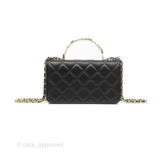 Chanel Camellia Handle Mini WOC Phone Holder with Chain Black Lambskin 23K