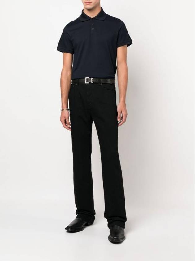 Luxury Saint Laurent Men's Monogram Cotton Short Sleeve Polo Shirt Navy