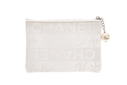 Luxury Chanel Vintage White and Silver Ginza Limited Pearl Coco Mark Pouch