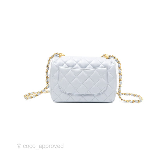 Chanel Mini Flap Bag with Pearl Chain Pearly Light Blue Lambskin Aged Gold Hardware 24P