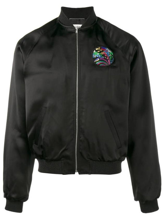 Luxury Saint Laurent Shark Patch Satin Bomber Jacket Black