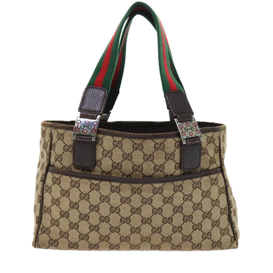 Luxury Gucci GG Canvas Web Sherry Line Hand Bag Canvas Leather Beige Green 53681