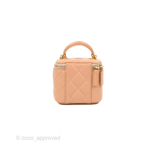 Chanel Mini Top Handle Vanity With Chain Beige Lambskin Aged Gold Hardware