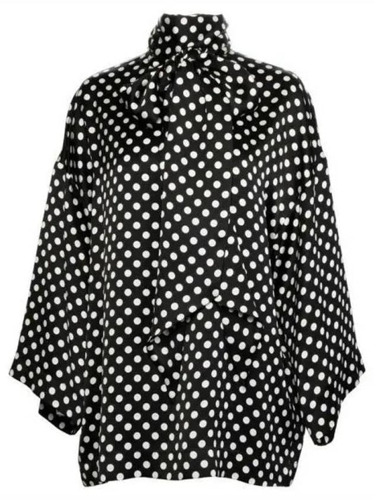 Luxury Saint Laurent Polka Dot Bow Satin Blouse Black