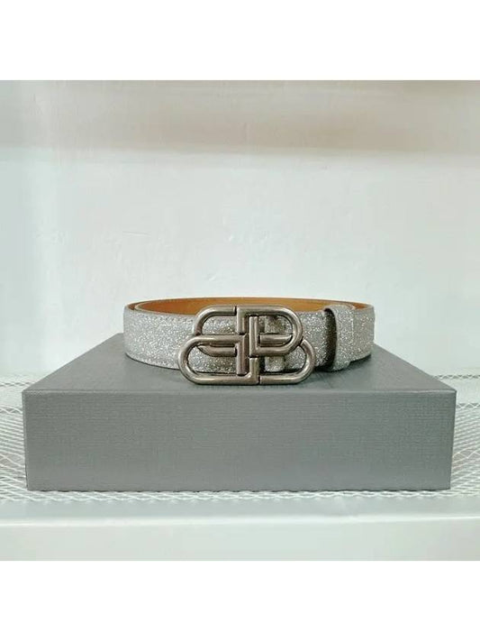Luxury Balenciaga BB Buckle Glitter Calf Leather Belt Silver