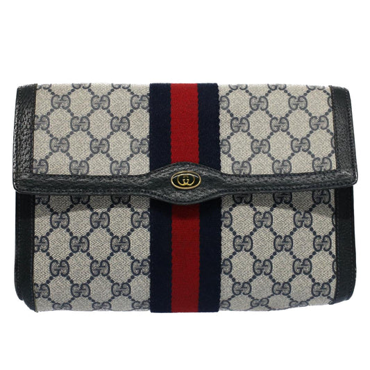 Luxury Gucci GG Canvas Sherry Line Clutch Bag Gray Red Navy 89 01 006 54747