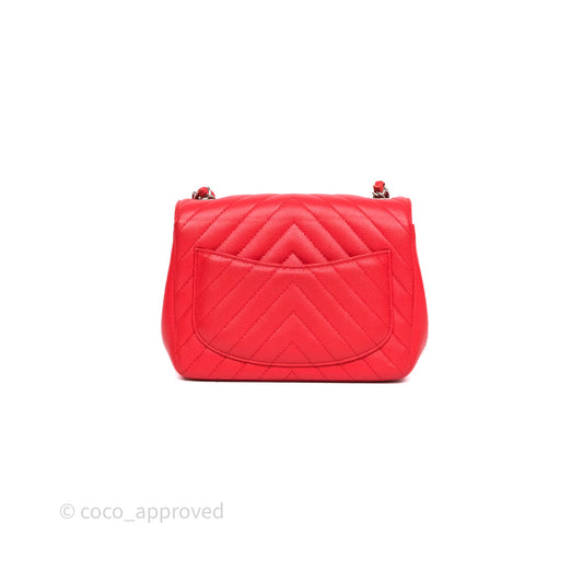 Chanel Mini Square Red Chevron Caviar Silver Hardware