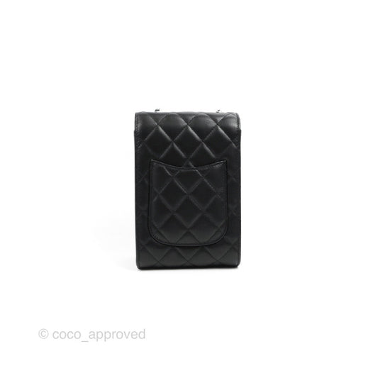 Chanel Classic Quilted Phone Holder Black Lambskin Silver Hardware